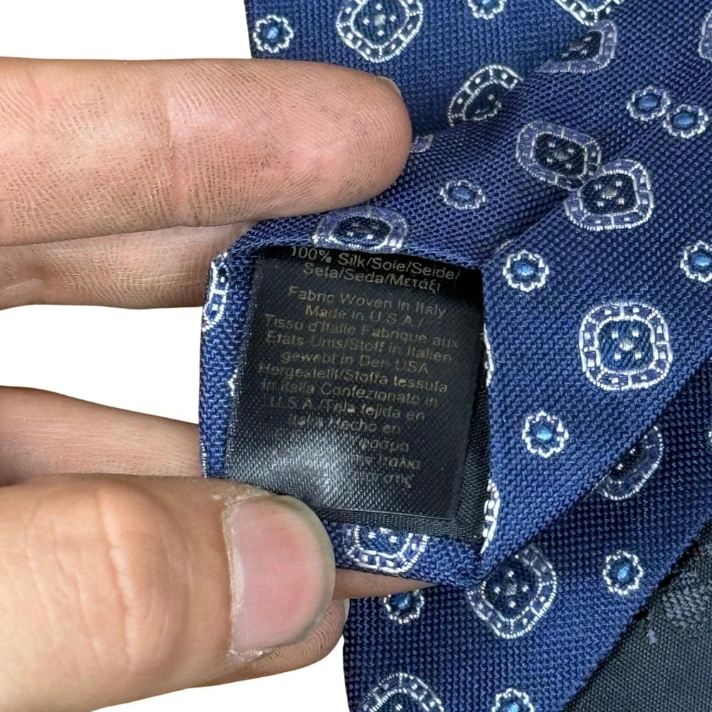 Brooks Brothers Necktie Mens OS Navy Blue Geometric Medallion Silk Woven Italy